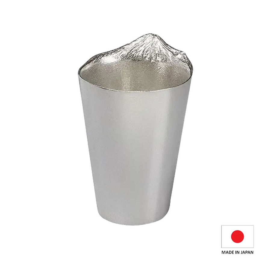 Front view of GINGADO Fuji Design Tin Beer Cup - 180ml, showcasing the Mount Fuji design