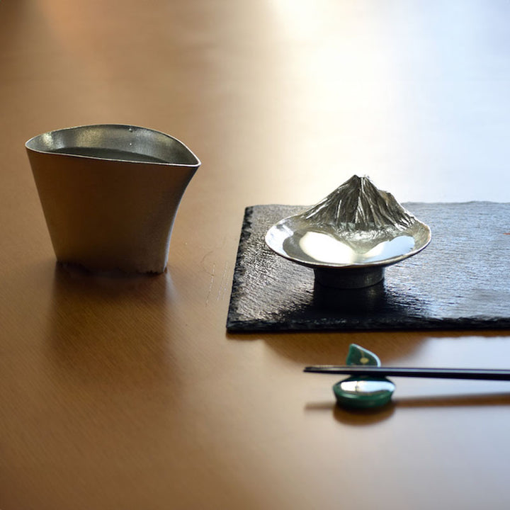 Detailed view of the inverted Mount Fuji design that emerges when filled with sake