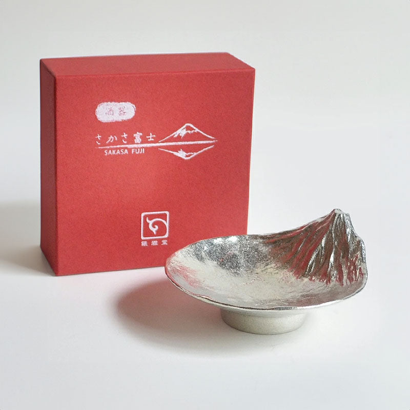 Angled view of the GINGADO Sakasafuji Tin Sake Cup, showcasing its unique shape and elegance