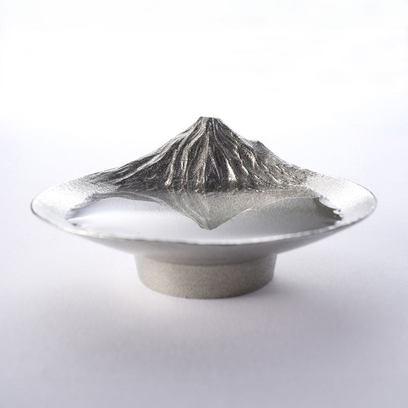 Front view of GINGADO Sakasafuji Tin Sake Cup - 62ml, showcasing inverted Mount Fuji design