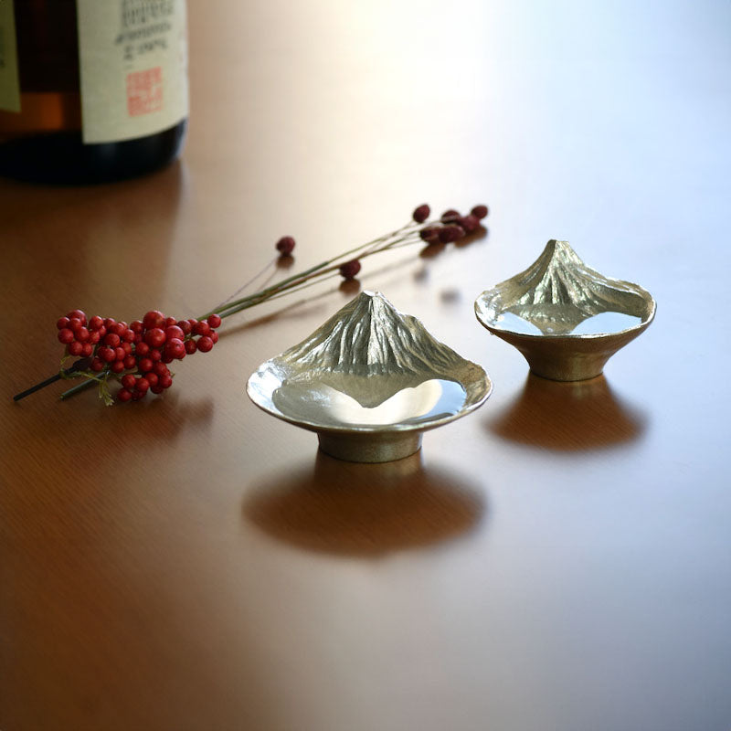 Side view of Ginyado Fuji-Inspired Tin Sake Cup, showing traditional sand-cast finish