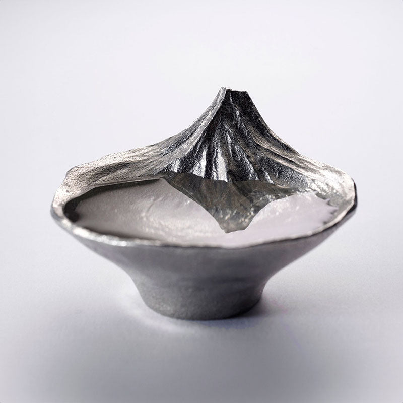 Front view of Ginyado Fuji-Inspired Tin Sake Cup - 30ml, showcasing inverted Mount Fuji design