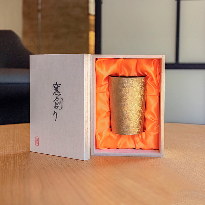 Packaging of the 270ml HORIE Kamazukuri Series Double-Walled Titanium Tumbler in gold, showcasing the elegant and luxurious box design.