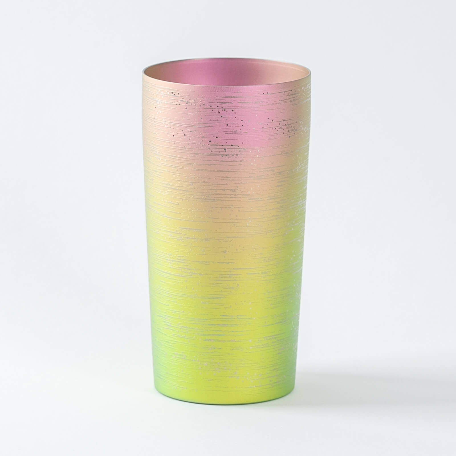 HORIE Ryo pure titanium tumbler in pink-to-green iridescent gradient, textured interior creates rich, fine beer foam, 350ml, made in Japan