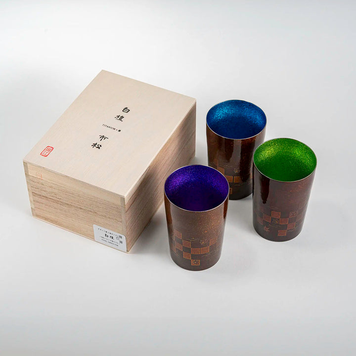 Front view of the packaging for HORIE Sandalwood Series Double-Walled Titanium Tumbler, highlighting the elegant box design.