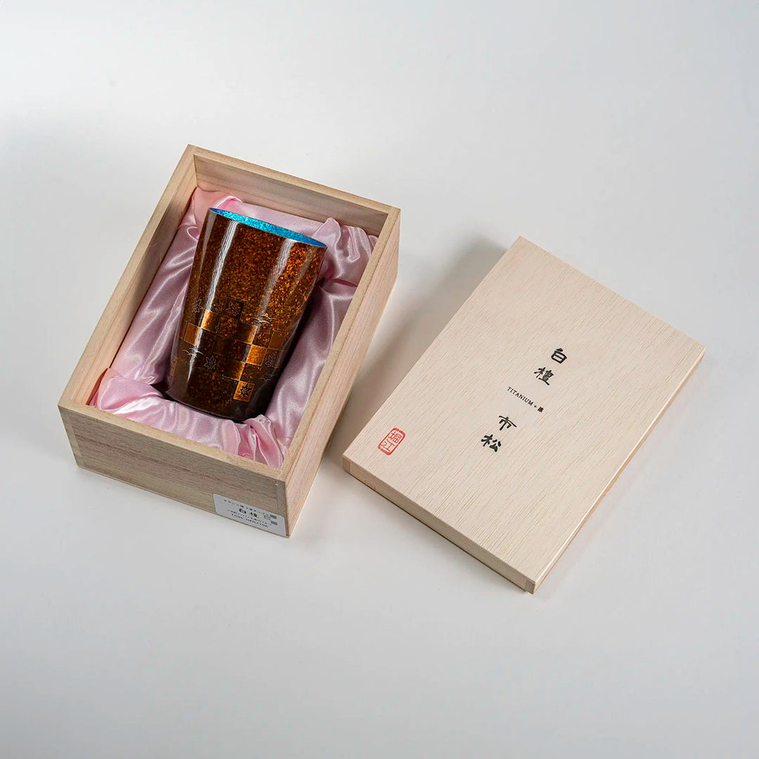 Open view of the HORIE Sandalwood Series Double-Walled Titanium Tumbler packaging, showcasing the tumbler inside the box.