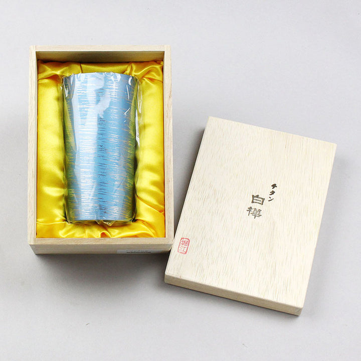 Top view of HORIE Shirakaba Series Double-Walled Titanium Tumbler - Blue, cup lip visible 350ml