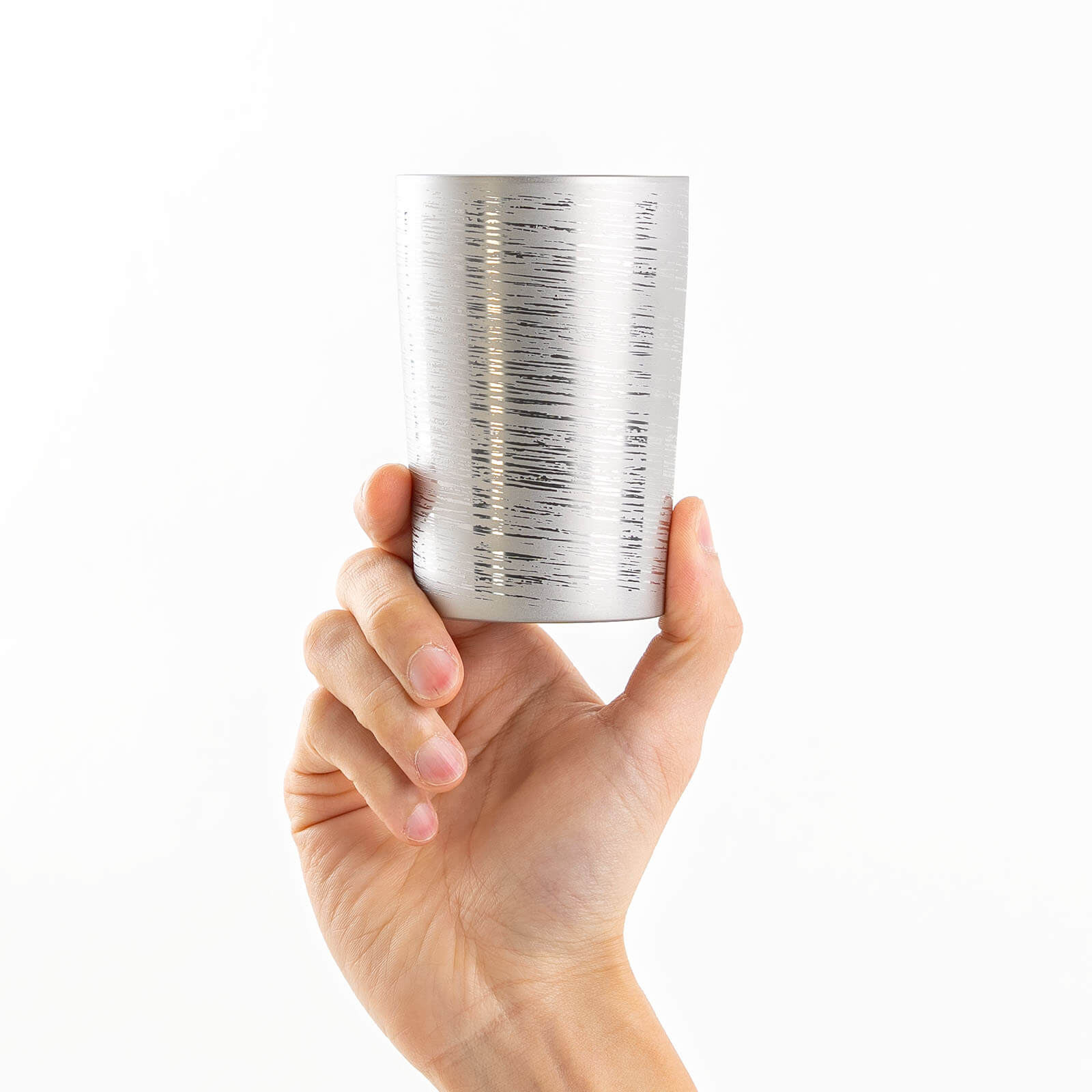 Lightweight 270ml silver titanium tumbler, hand-held front view, HORIE Shirakaba Series