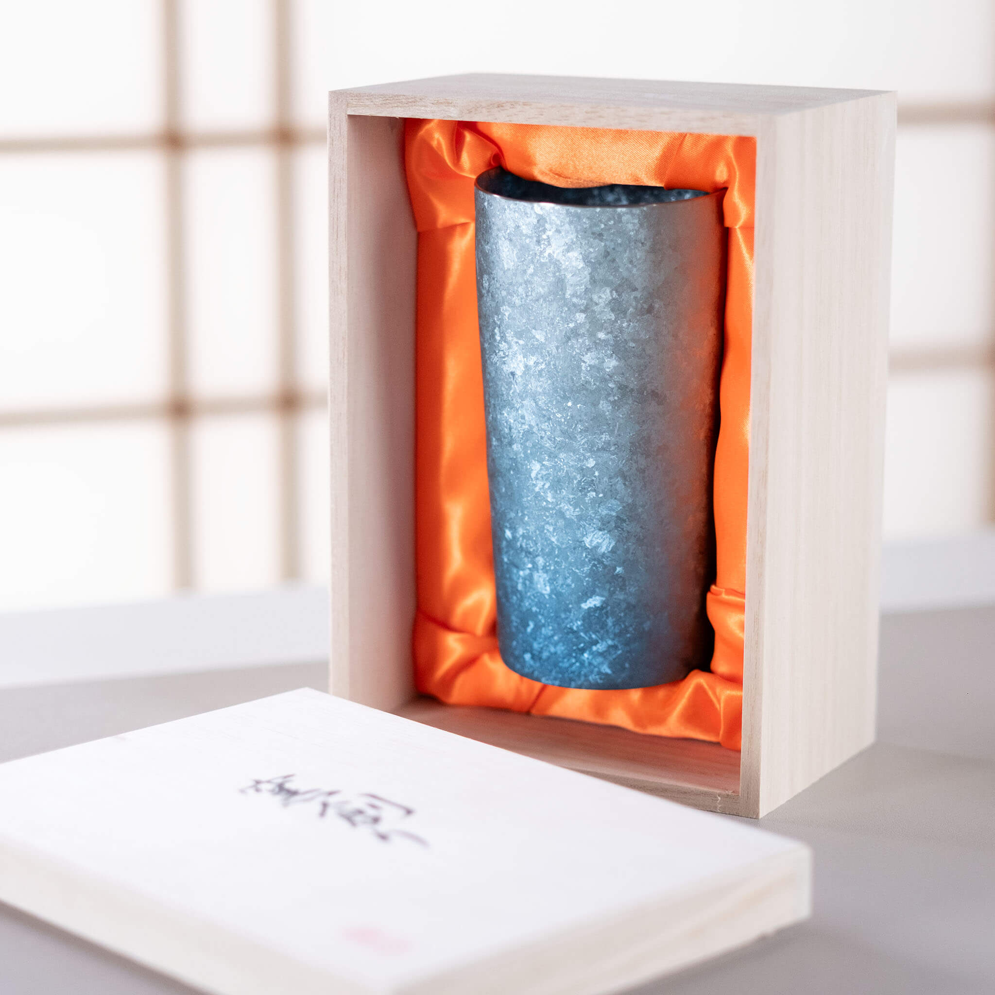 HORIE Titanium Kamazukuri 350ml Blue Tumbler presented in traditional Japanese paulownia wood gift box with orange satin lining 