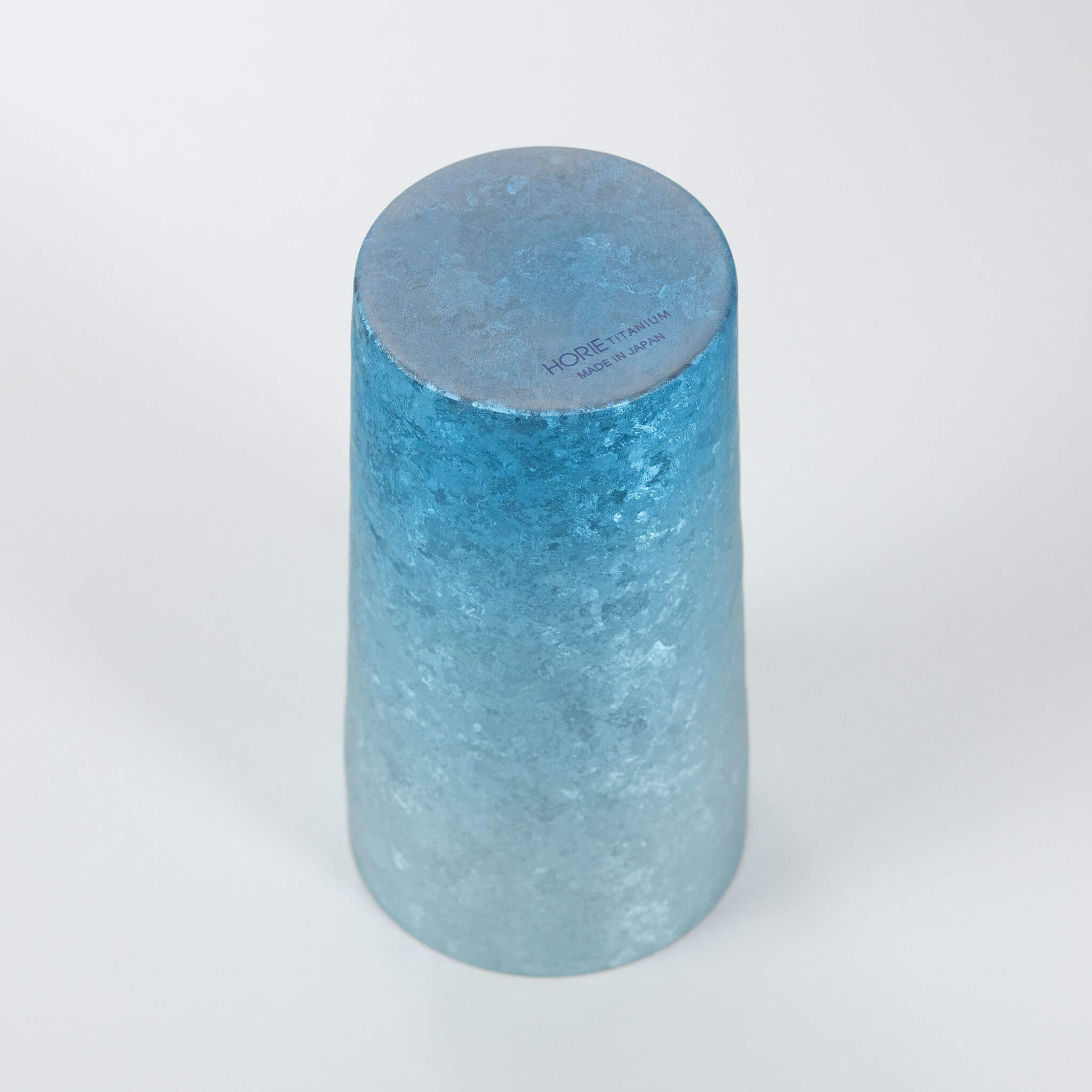 HORIE Titanium Kamazukuri 350ml Blue Tumbler inverted on white background showing base with brand mark