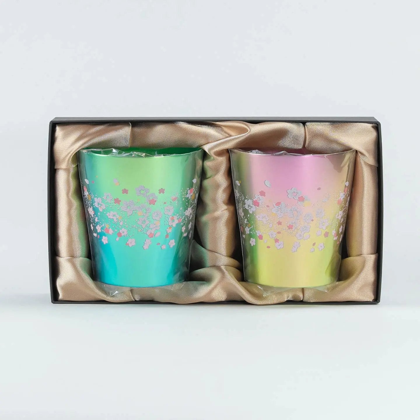 HORIE Titanium Tumbler Hana Series Sakura Saku Pair (250ml) in luxury paulownia wood gift box.