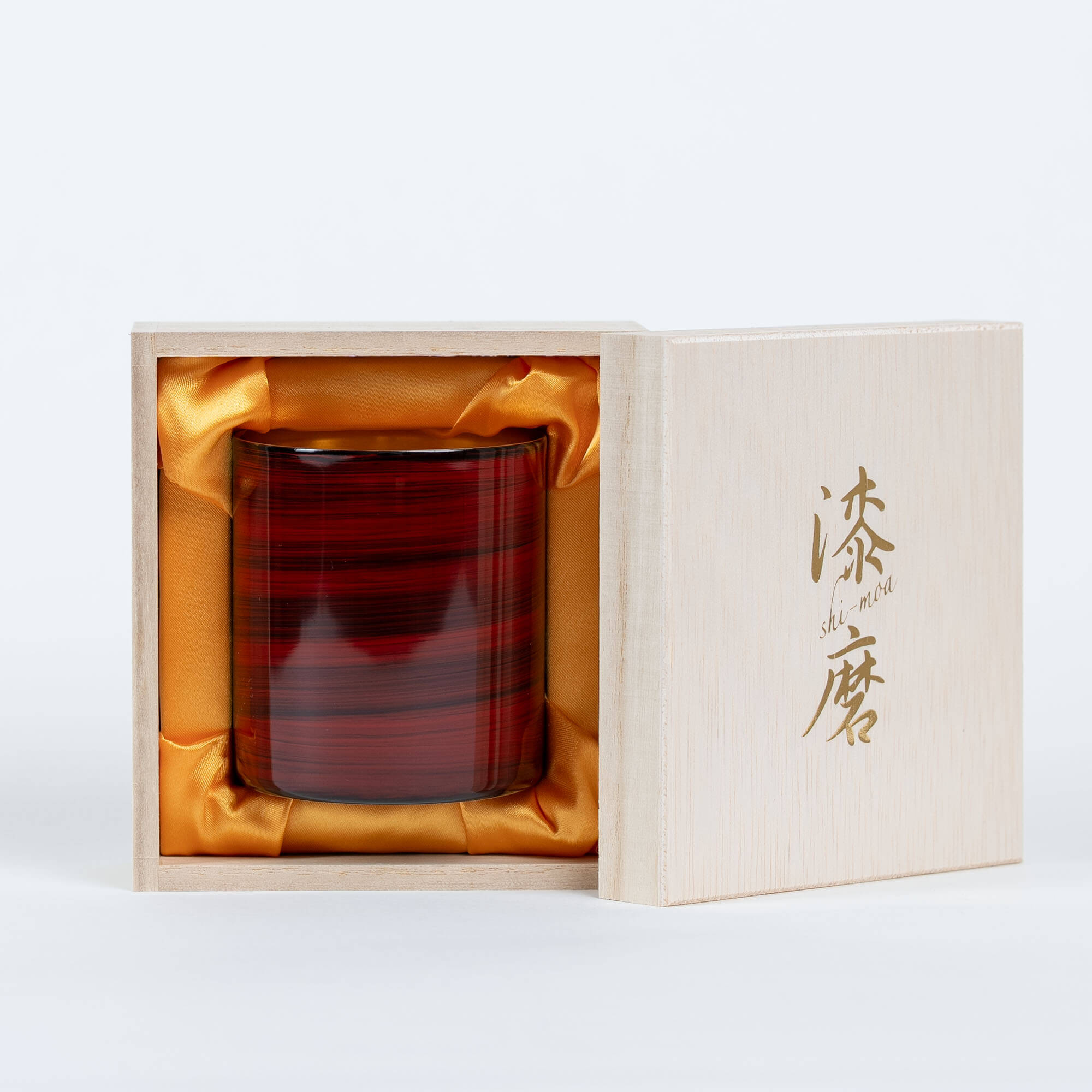 Red lacquered stainless steel sake cup presented with its Japanese wooden gift box