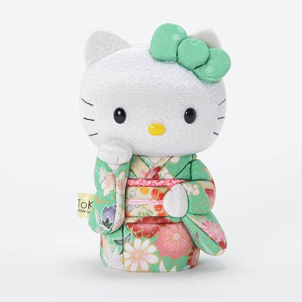 Kakinuma Toko Hello Kitty maneki neko in green kimono, handmade in Japan
