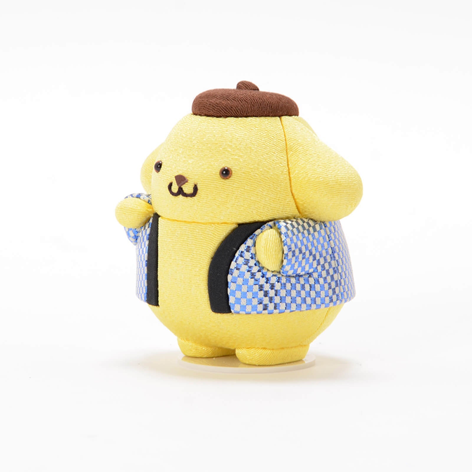 Handmade Blue Pompompurin Maneki-Neko Lucky Cat by Kakinuma Toko. Features a festive Japanese Happi coat with blue Ichimatsu pattern. Authentic handcrafted gift. Made in Japan.