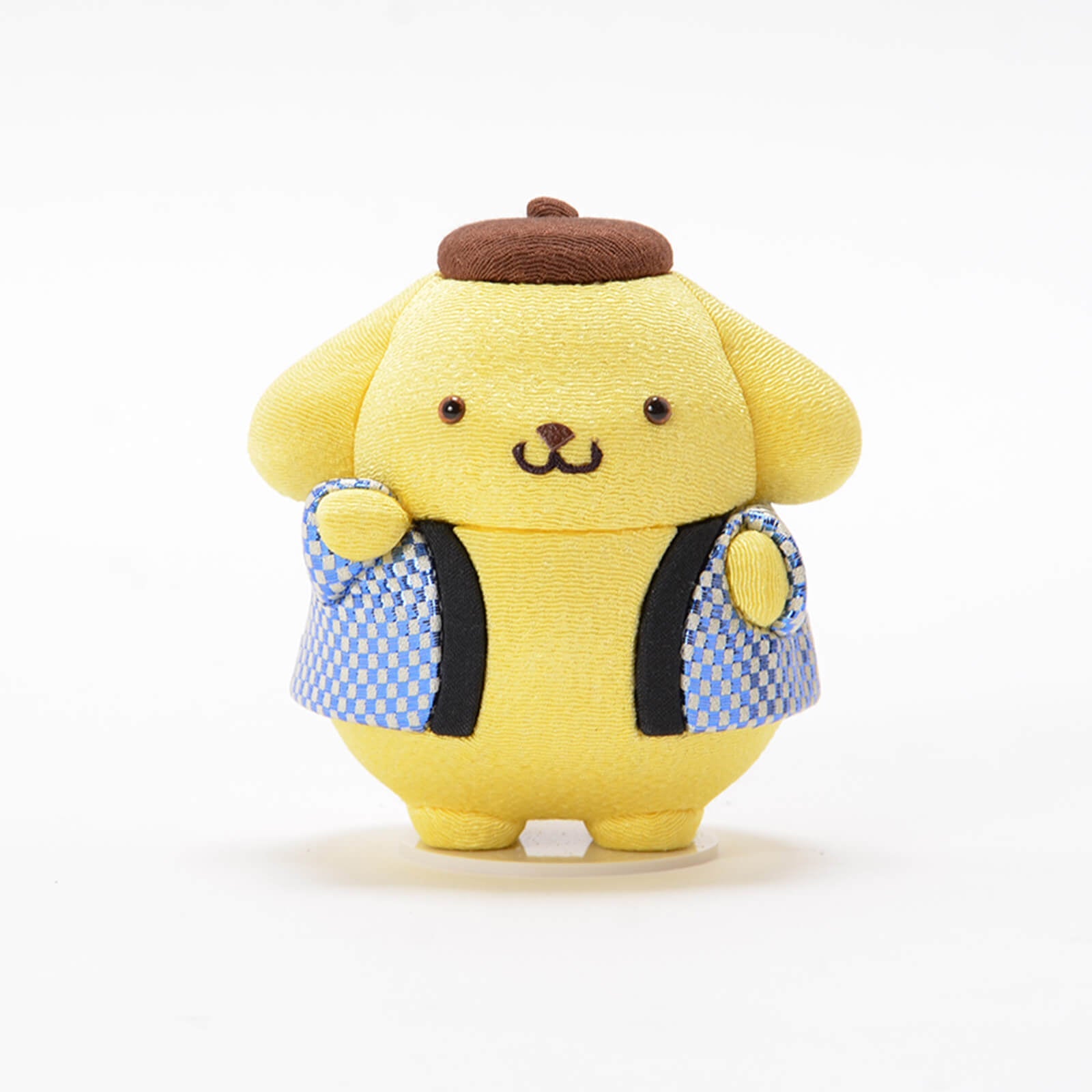 Handmade Blue Pompompurin Maneki-Neko Lucky Cat by Kakinuma Toko. Features a festive Japanese Happi coat with blue Ichimatsu pattern. Authentic handcrafted gift. Made in Japan.