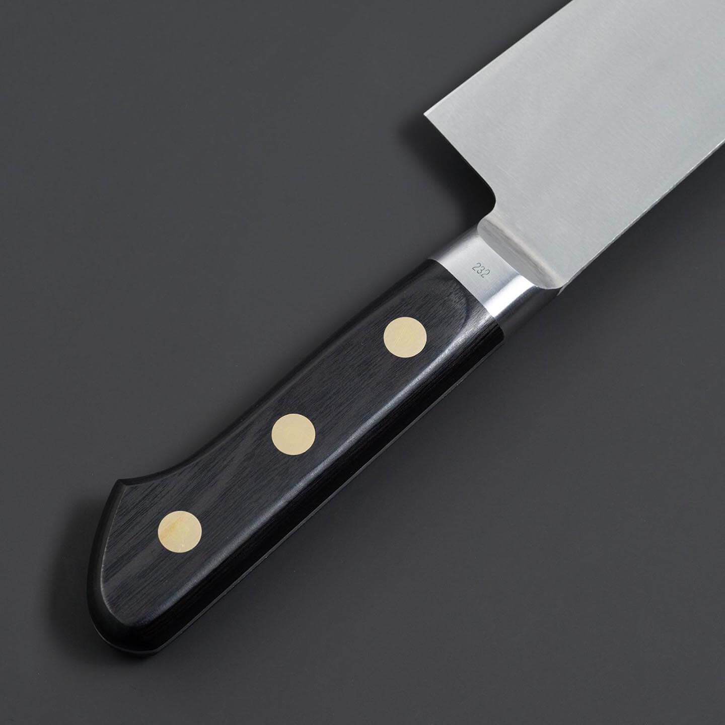 Top view showing the handle and blade spine of the Misono gyuto knife