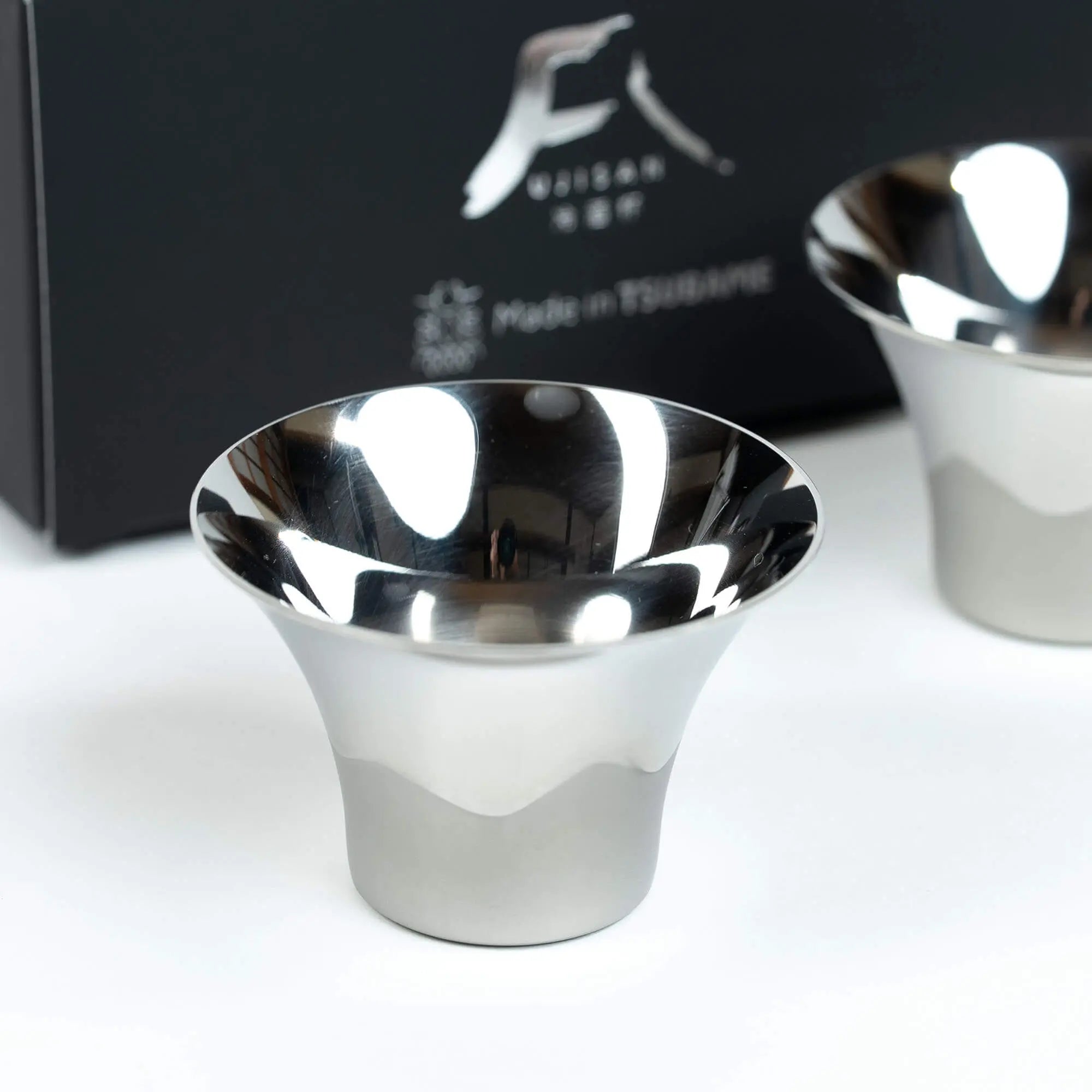 stainless steel sake cup with Fuji design
