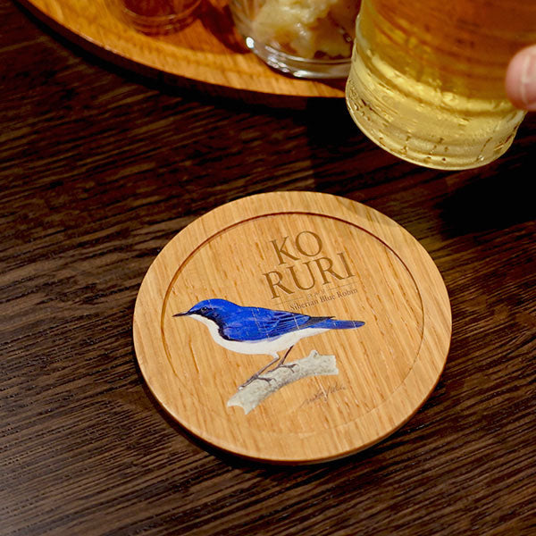 Suntory Whisky Barrel Oak Coaster – Siberian Blue Robin Design