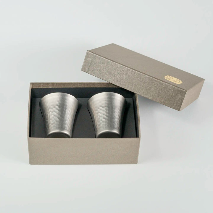 Closer front view of Titanium Cold Sake Cup Set - 65ml, 2pc highlighting texture.